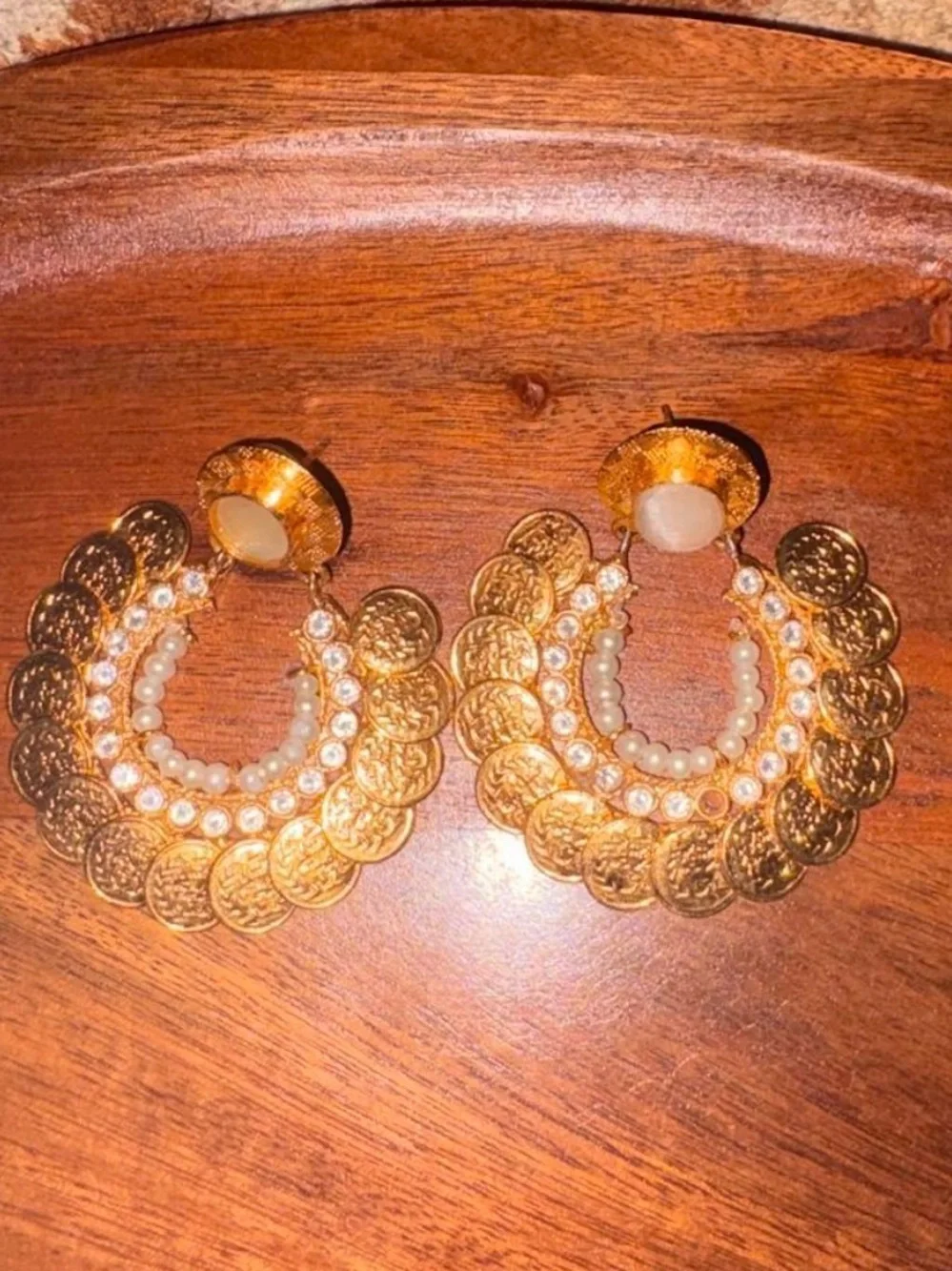 Gold Coin Hoop Earrings with Pearl and Crystal Accents